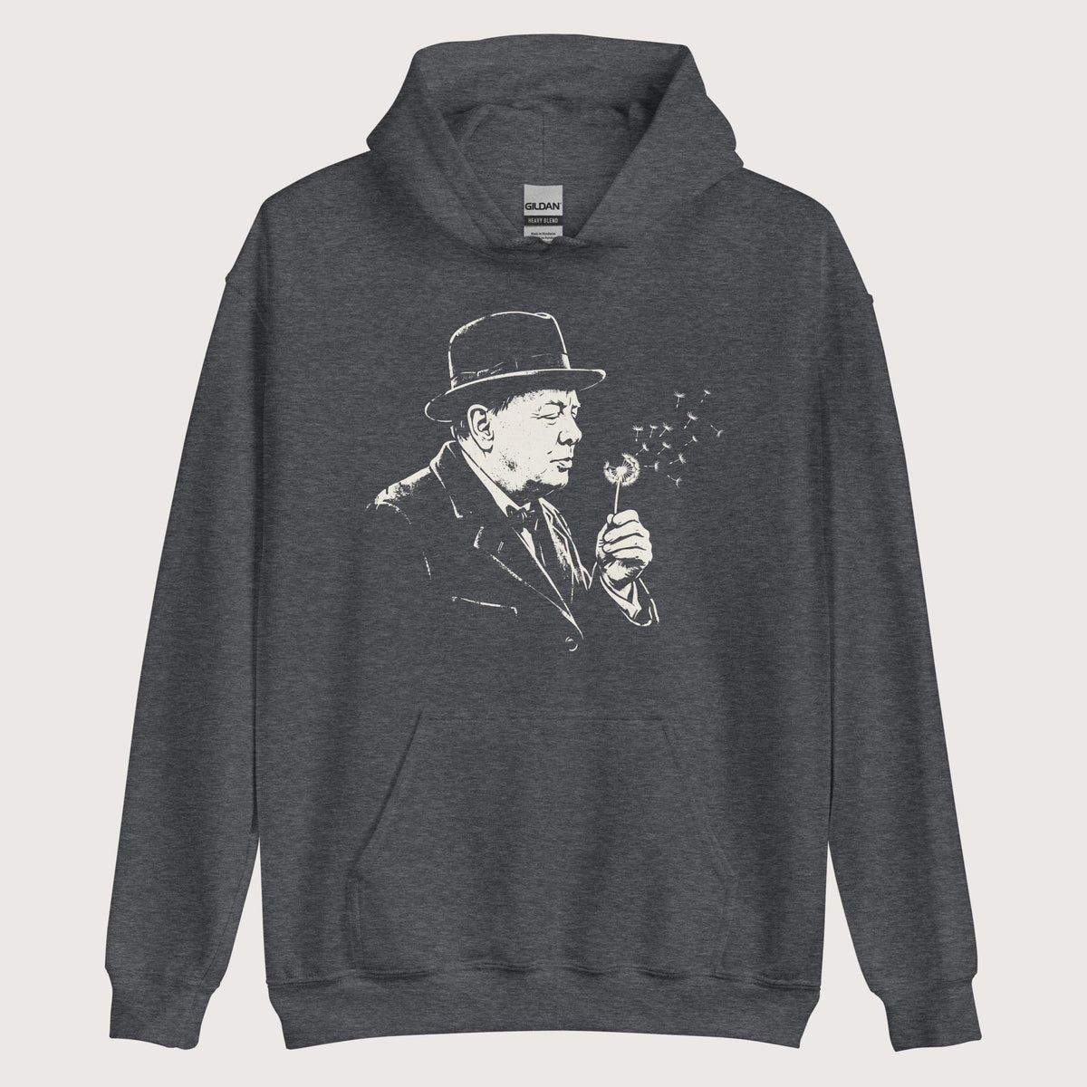 Dark Heather Winston Churchill Blowing Wishes Hoodie - history buff gift by HistoHead