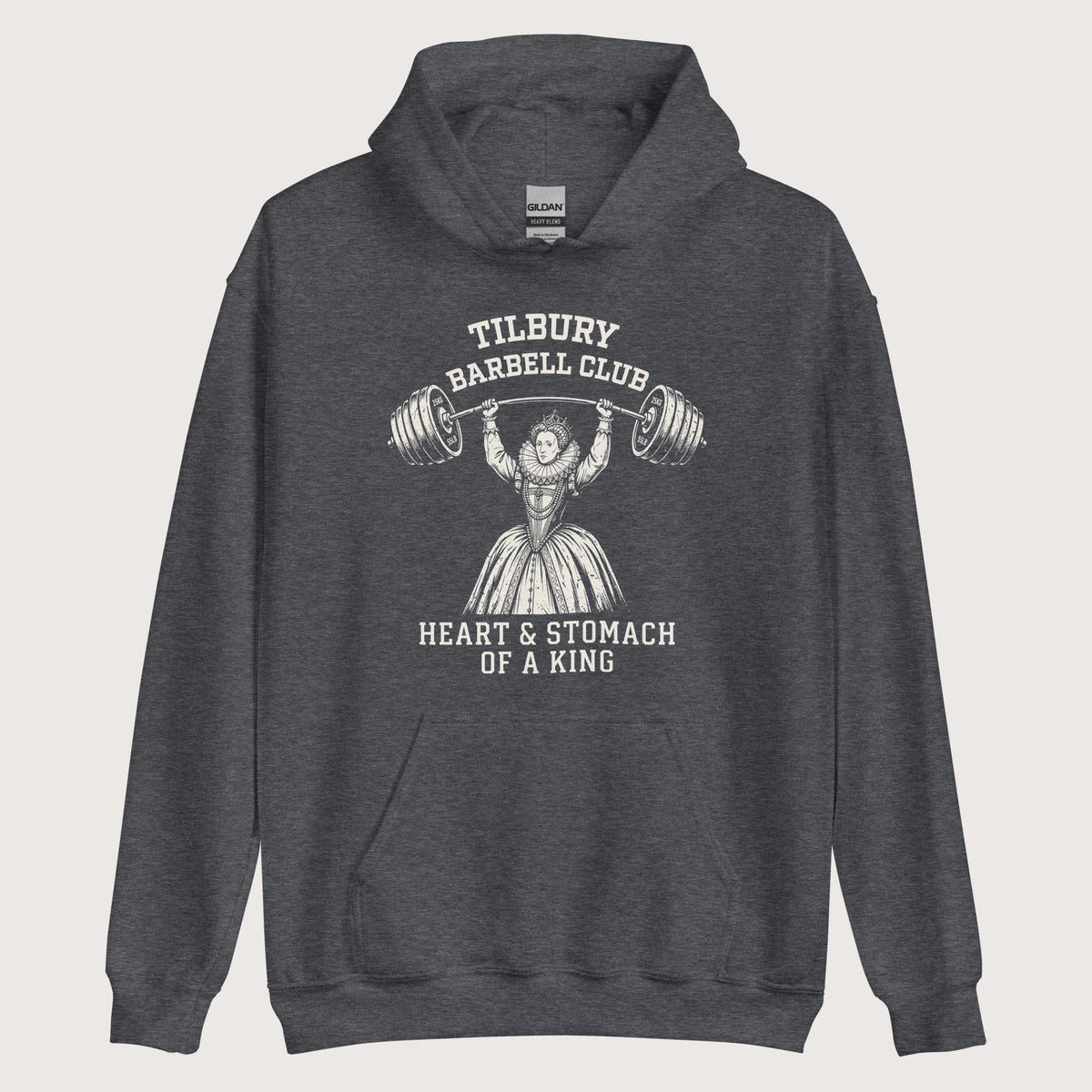 Dark Heather Elizabeth I Tilbury Barbell Club Hoodie - history buff gift by HistoHead