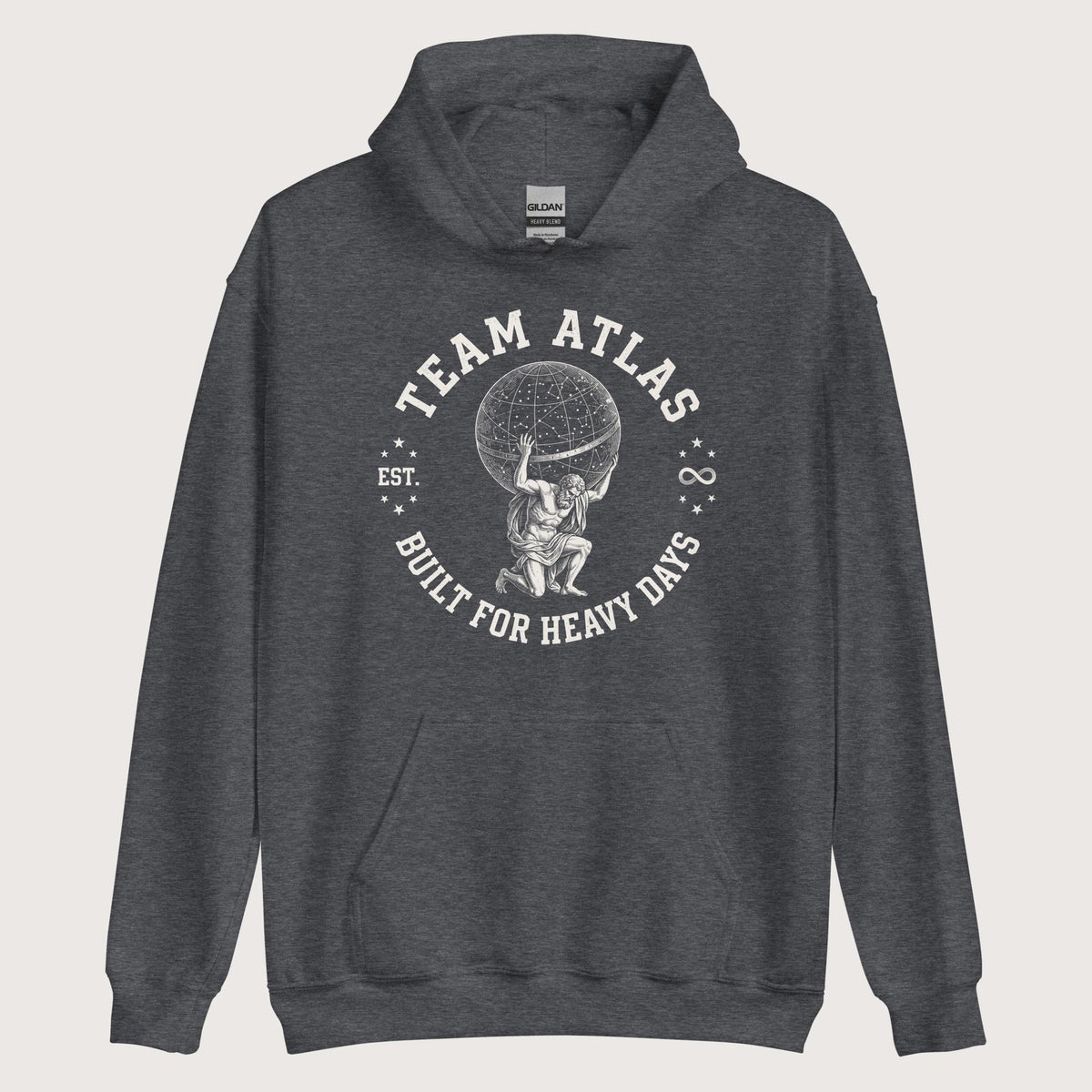 Dark Heather Team Atlas Built For Heavy Days Hoodie - history buff gift by HistoHead