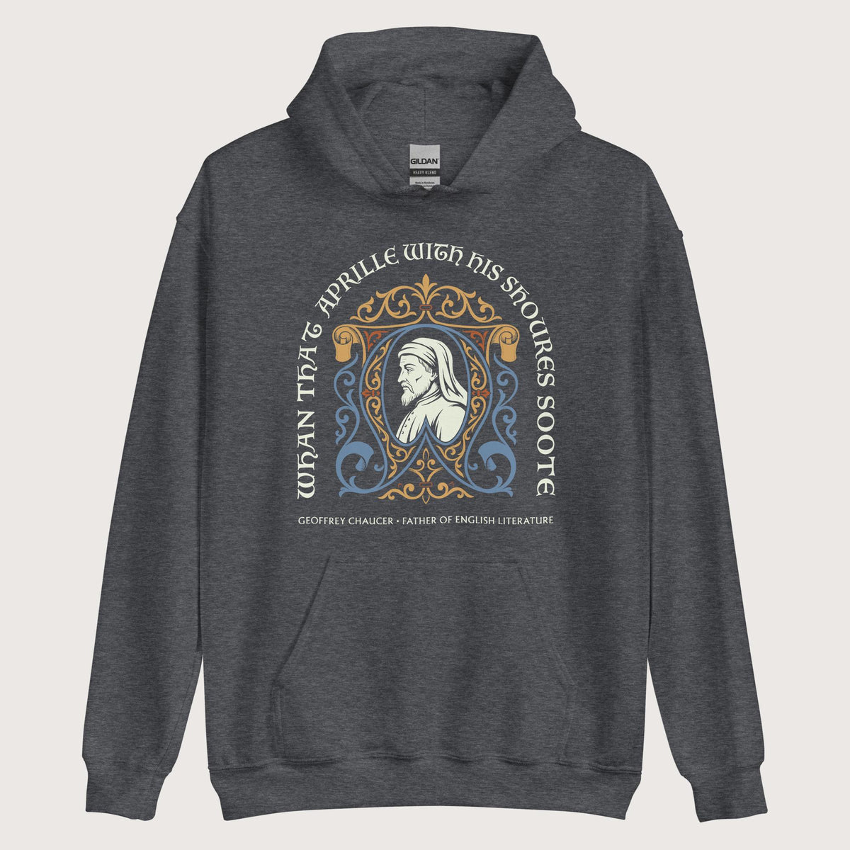 Dark Heather Geoffrey Chaucer Hoodie - history buff gift by HistoHead