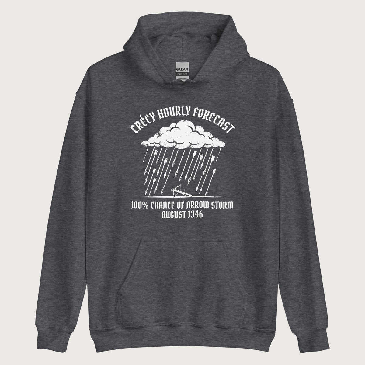 Dark Heather Crecy Arrow Storm Forecast Hoodie - history buff gift by HistoHead