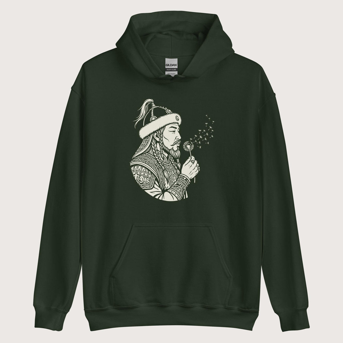Forest Green Genghis Khan Blowing Wishes Hoodie - history buff gift by HistoHead
