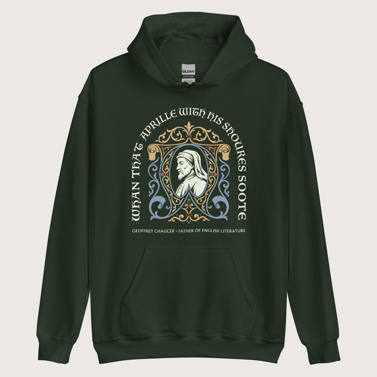 Forest Green Geoffrey Chaucer Hoodie - history buff gift by HistoHead
