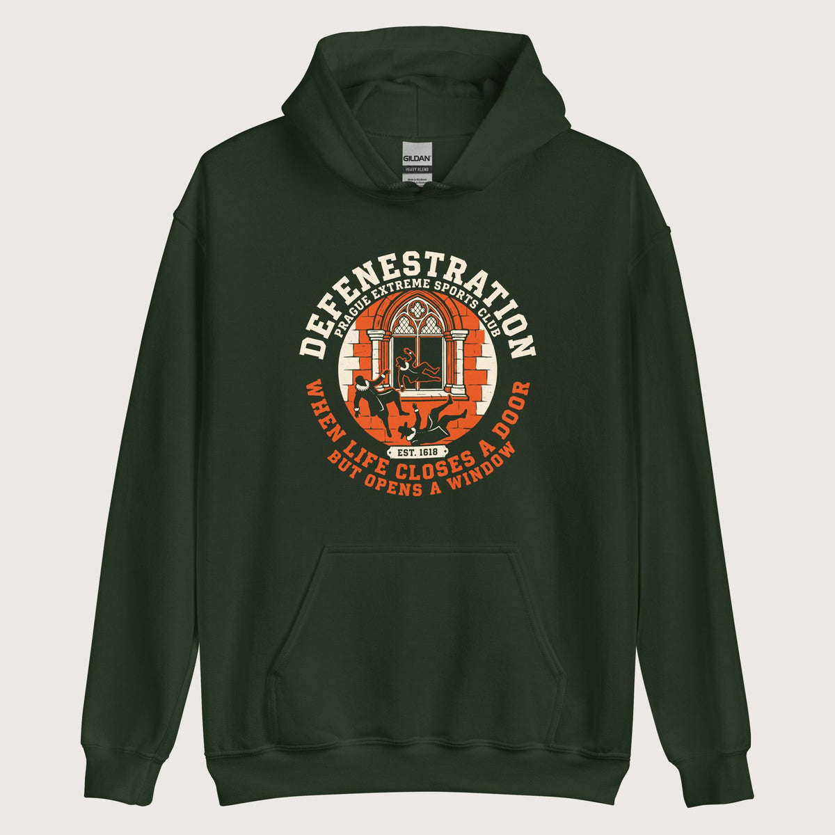 Forest Green Defenestration Prague Extreme Sports Club Hoodie - history buff gift by HistoHead