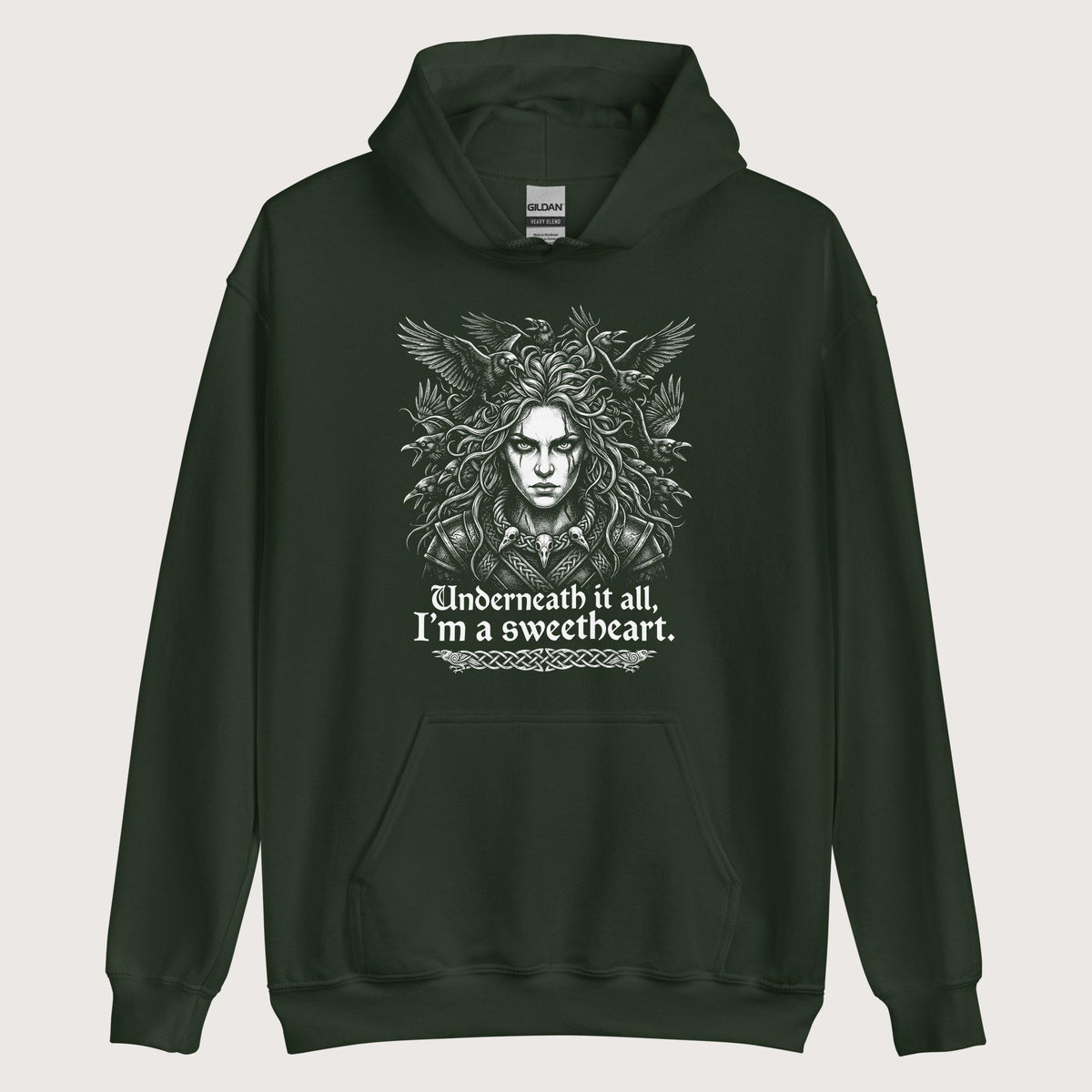 Forest Green The Morrigan Underneath I'm a Sweetheart Hoodie - history buff gift by HistoHead