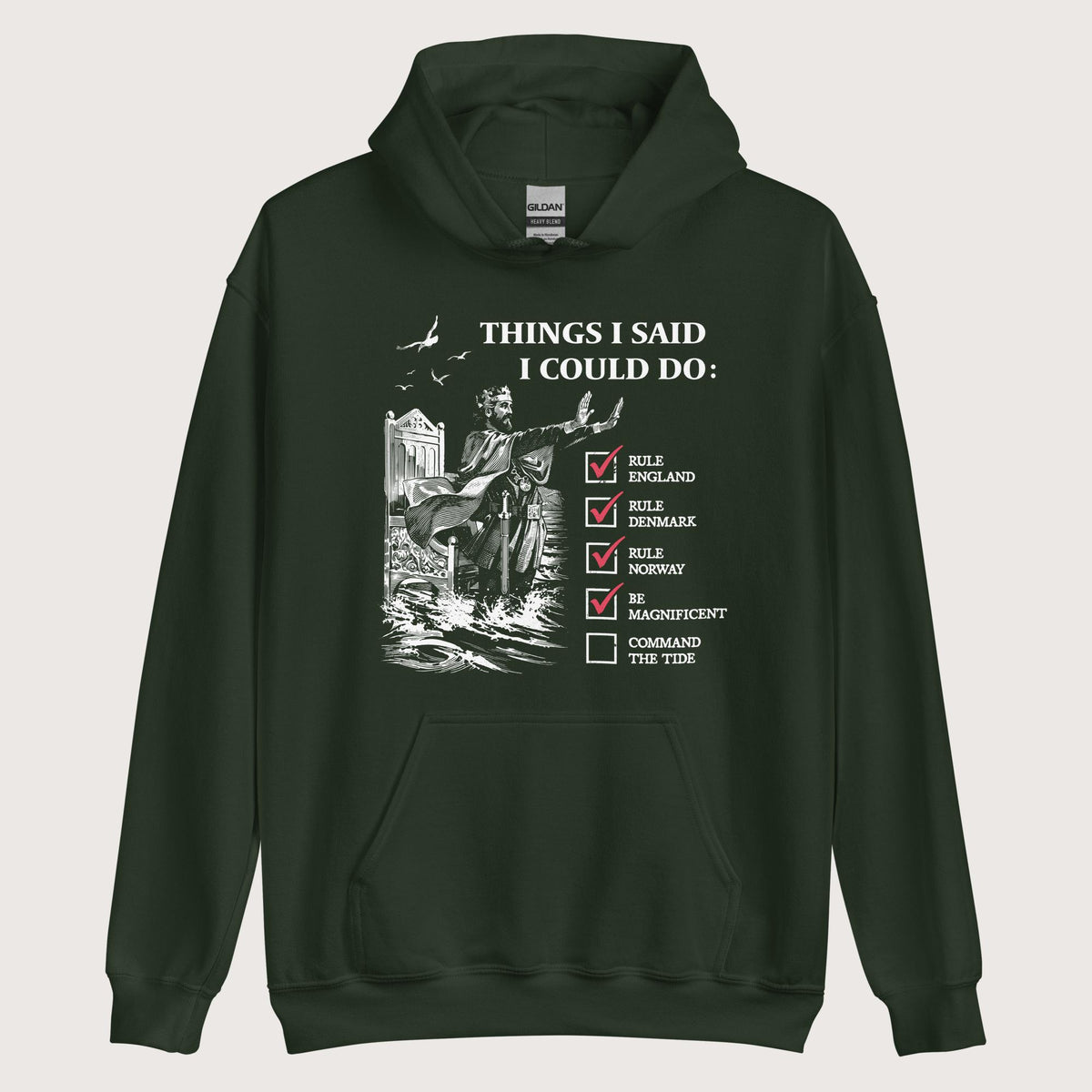 Forest Green Cnut the Great Commanding the Tide Hoodie - history buff gift by HistoHead