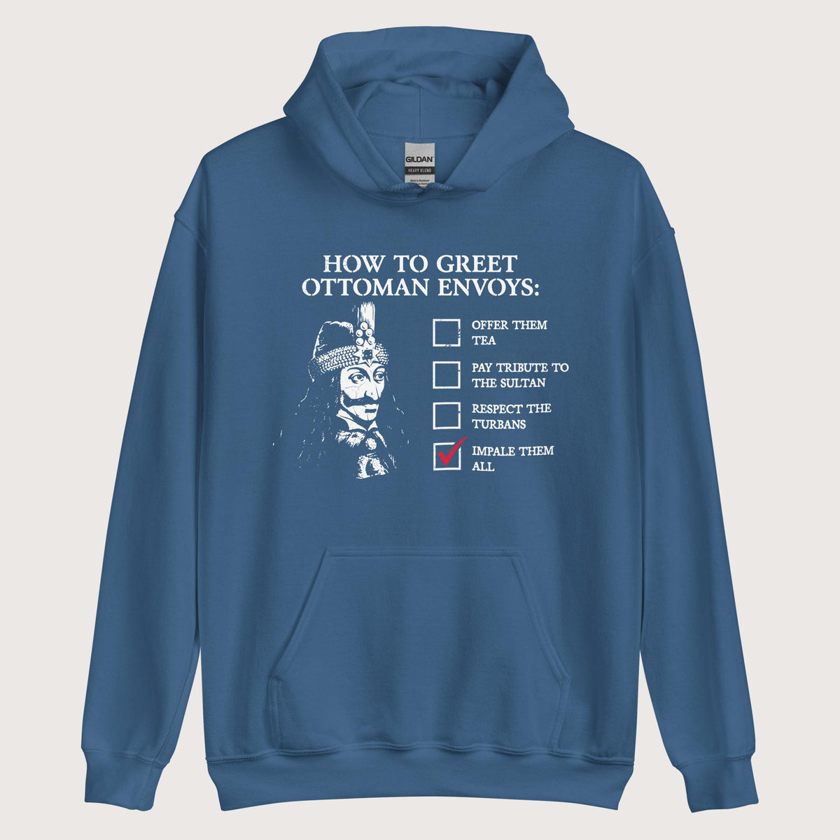 Indigo Blue Vlad the Impaler How to Greet Guide Hoodie - history buff gift by HistoHead