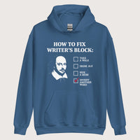 Indigo Blue Shakespeare How to Fix Writer's Block Hoodie - history buff gift by HistoHead