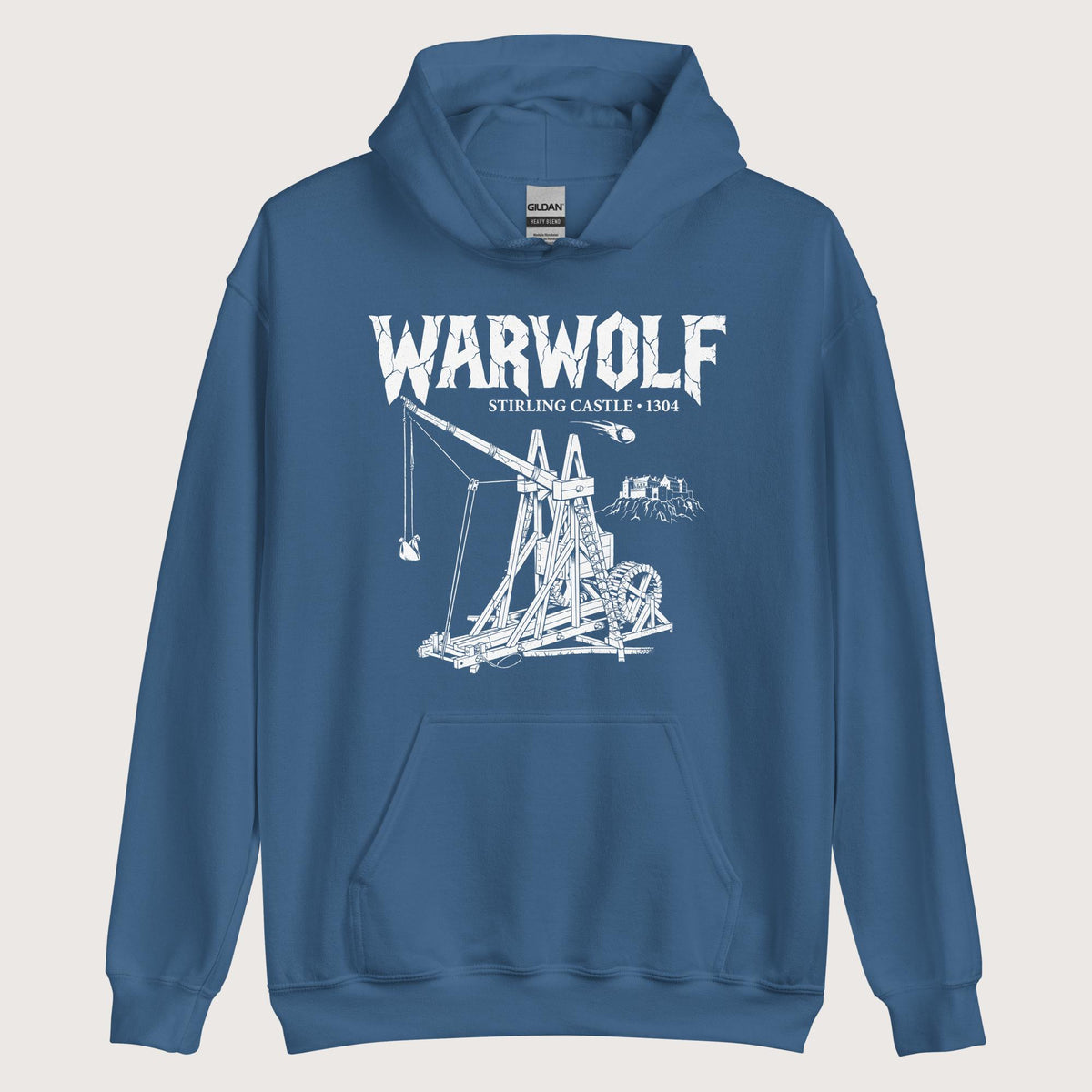 Indigo Blue Warwolf Trebuchet Hoodie - history buff gift by HistoHead