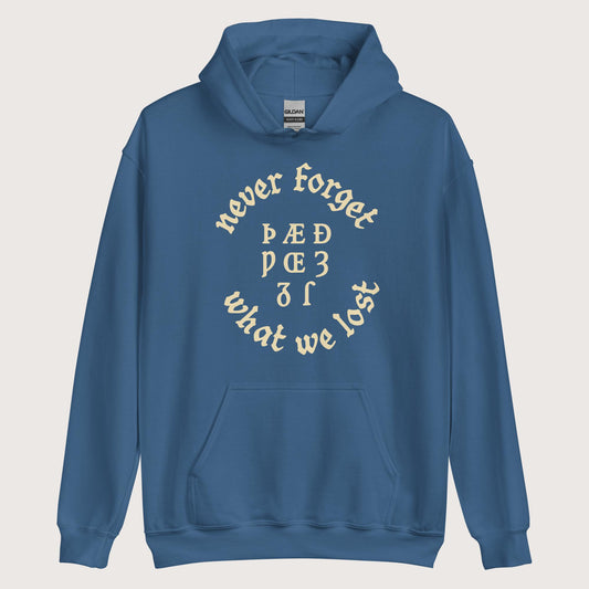 Indigo Blue Never Forget Lost Letters Hoodie - history buff gift by HistoHead