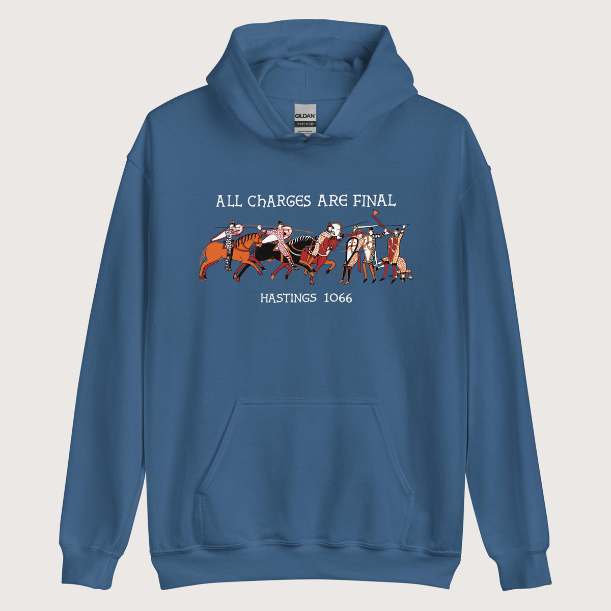 Indigo Blue Bayeux Tapestry All Charges Are Final Hoodie - history buff gift by HistoHead