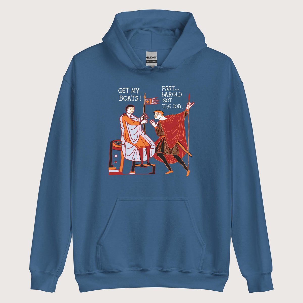 Indigo Blue Bayeux Tapestry Harold Got the Job Hoodie - history buff gift by HistoHead
