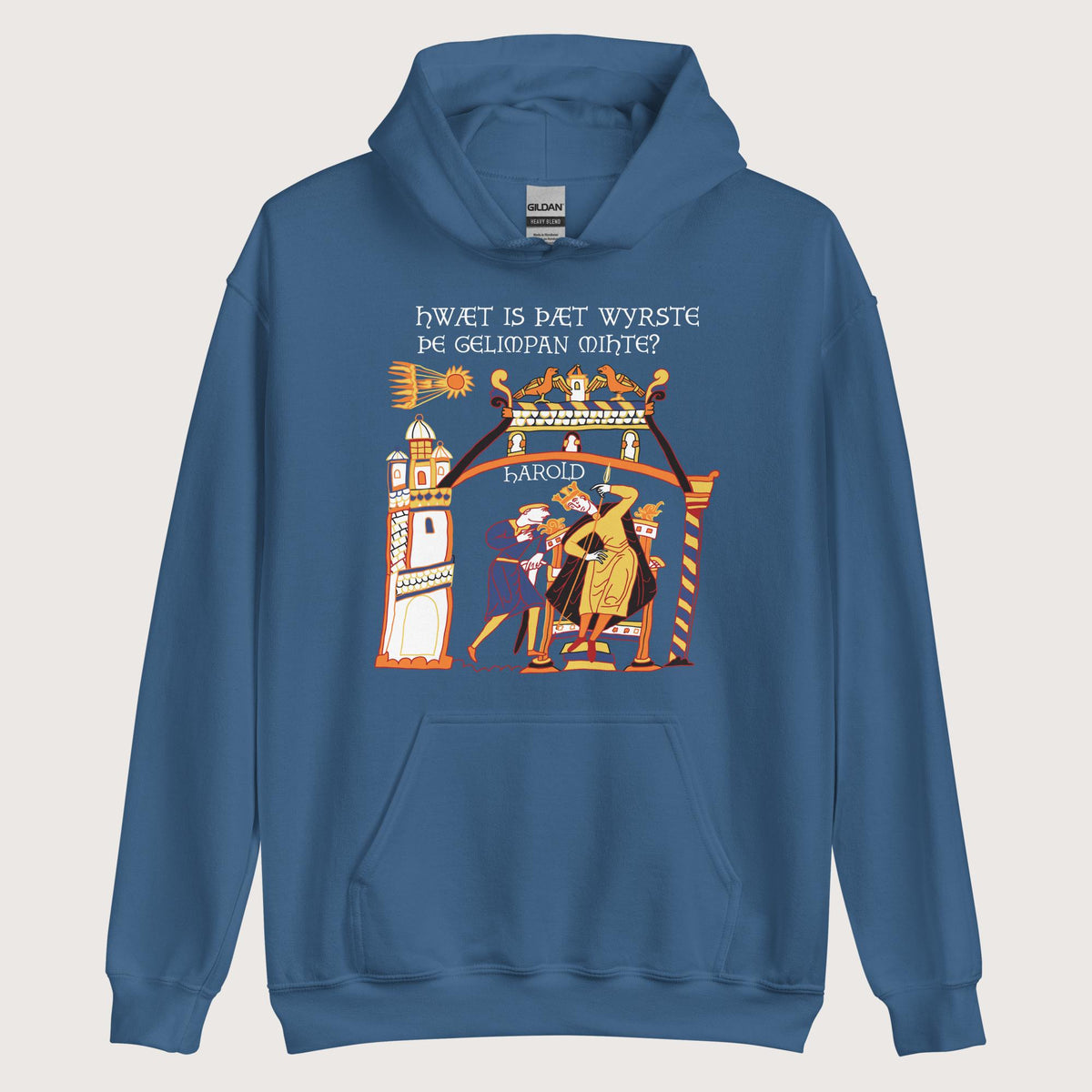 Indigo Blue Bayeux Tapestry What's the Worst That Could Happen in Old English Hoodie - history buff gift by HistoHead