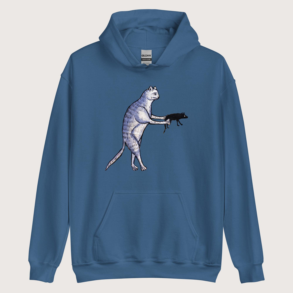 Indigo Blue Weird Medieval Cat's Mouse-Gun Hoodie - history buff gift by HistoHead