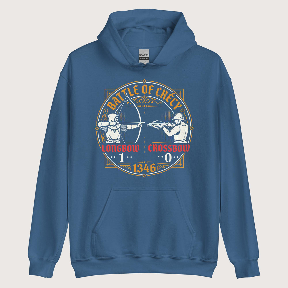 Indigo Blue Battle of Crécy Longbow vs Crossbow Hoodie - history buff gift by HistoHead