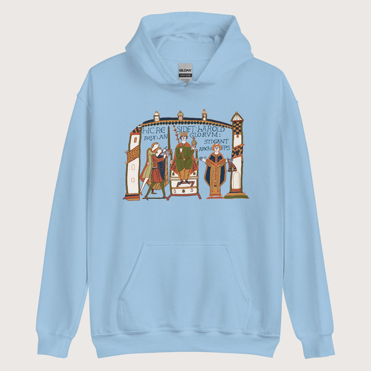 Light Blue Here Sits Throned Harold King of the English Bayeux Tapestry Hoodie - history buff gift by HistoHead