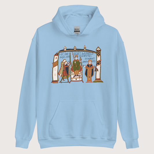 Light Blue Here Sits Throned Harold King of the English Bayeux Tapestry Hoodie - history buff gift by HistoHead