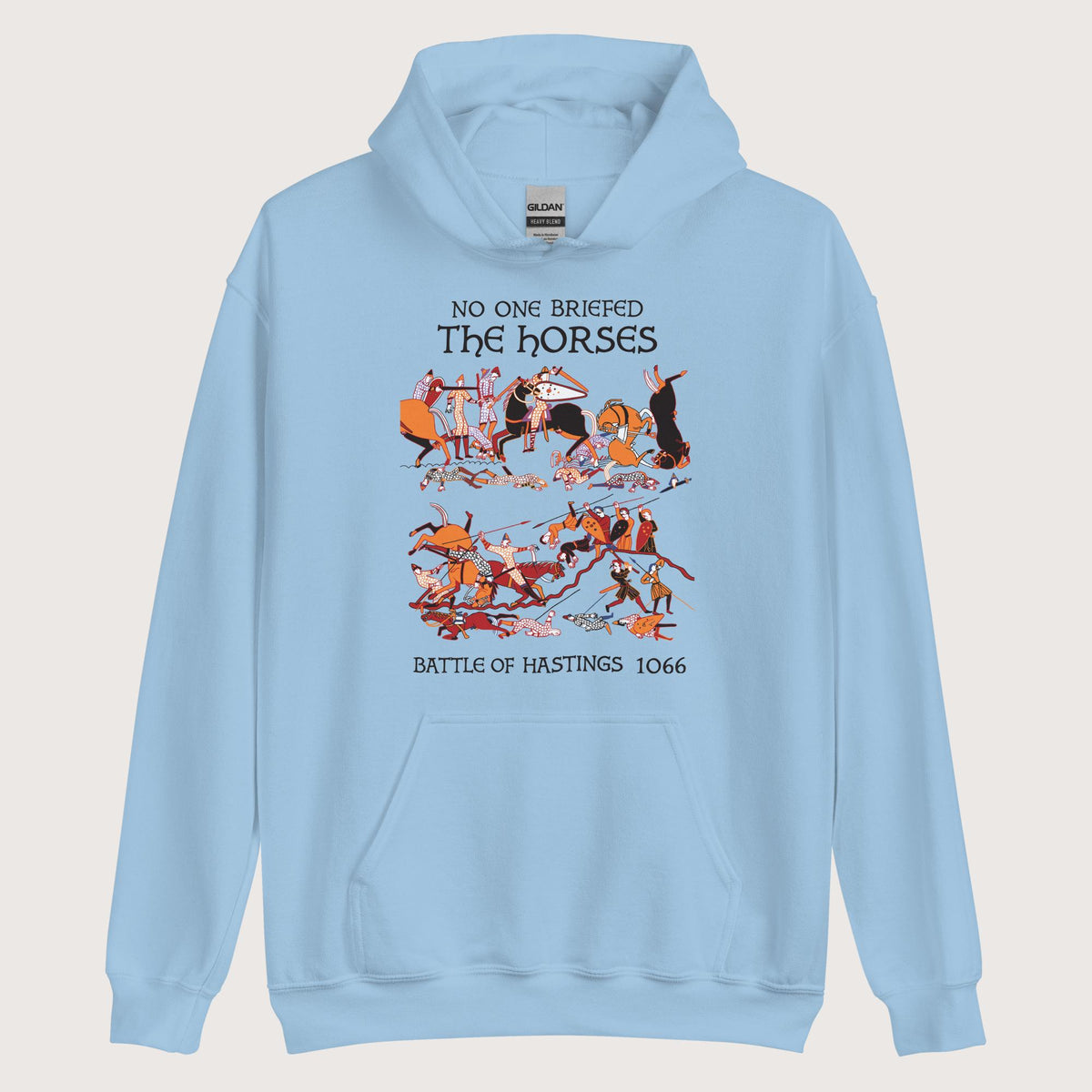 Light Blue Bayeux Tapestry No One Briefed the Horses Hoodie - history buff gift by HistoHead