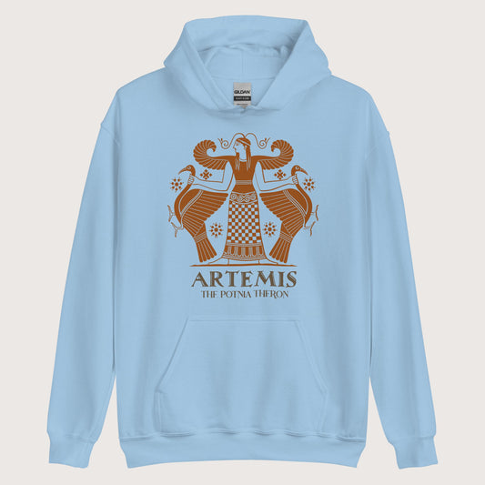 Light Blue Artemis the Potnia Theron Pottery Art Hoodie - history buff gift by HistoHead