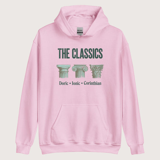Light Pink The Classics Doric Ionic Corinthian Hoodie - history buff gift by HistoHead