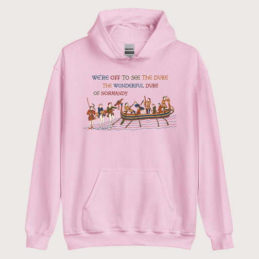 Light Pink Bayeux Tapestry We're Off to See the Duke Hoodie - history buff gift by HistoHead