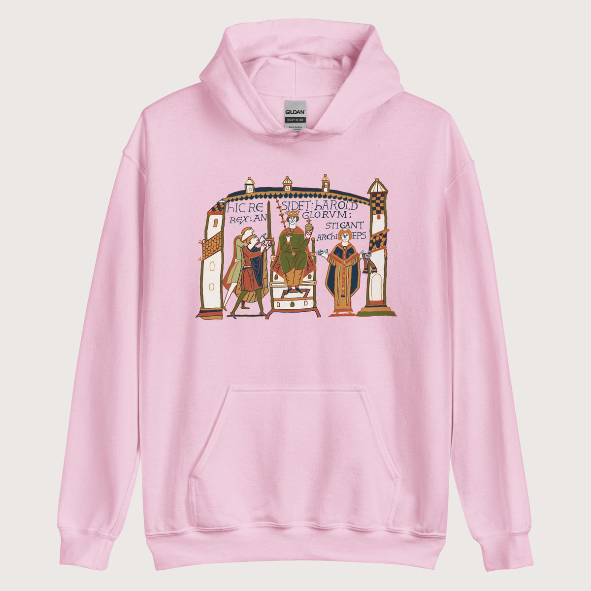 Light Pink Here Sits Throned Harold King of the English Bayeux Tapestry Hoodie - history buff gift by HistoHead