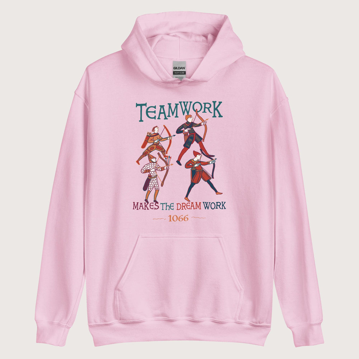 Light Pink Bayeux Tapestry Teamwork Makes the Dream Work Hoodie - history buff gift by HistoHead