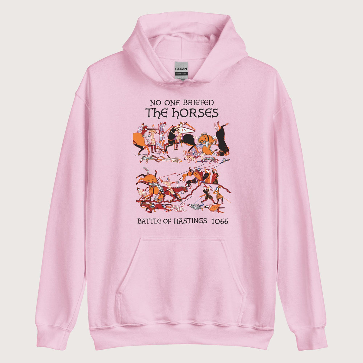 Light Pink Bayeux Tapestry No One Briefed the Horses Hoodie - history buff gift by HistoHead