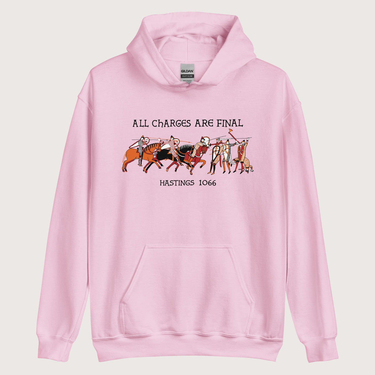 Light Pink Bayeux Tapestry All Charges Are Final Hoodie - history buff gift by HistoHead