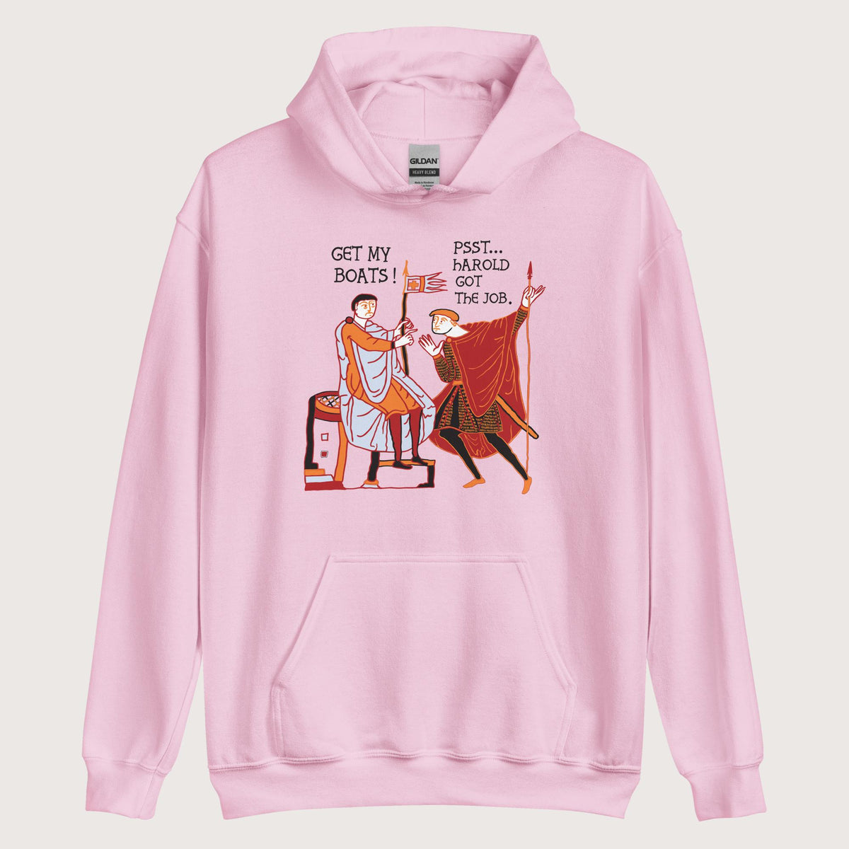 Light Pink Bayeux Tapestry Harold Got the Job Hoodie - history buff gift by HistoHead