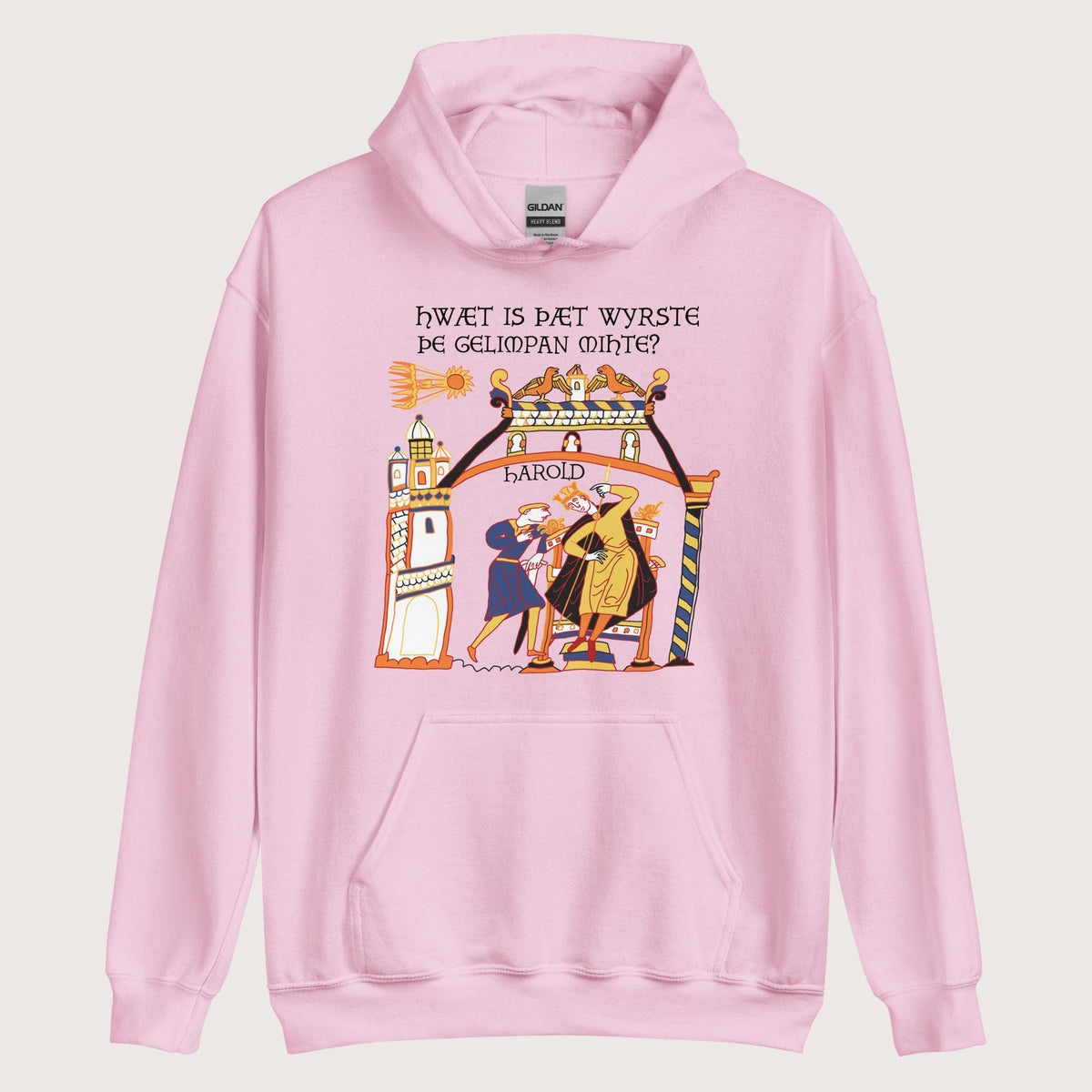 Light Pink Bayeux Tapestry What's the Worst That Could Happen in Old English Hoodie - history buff gift by HistoHead