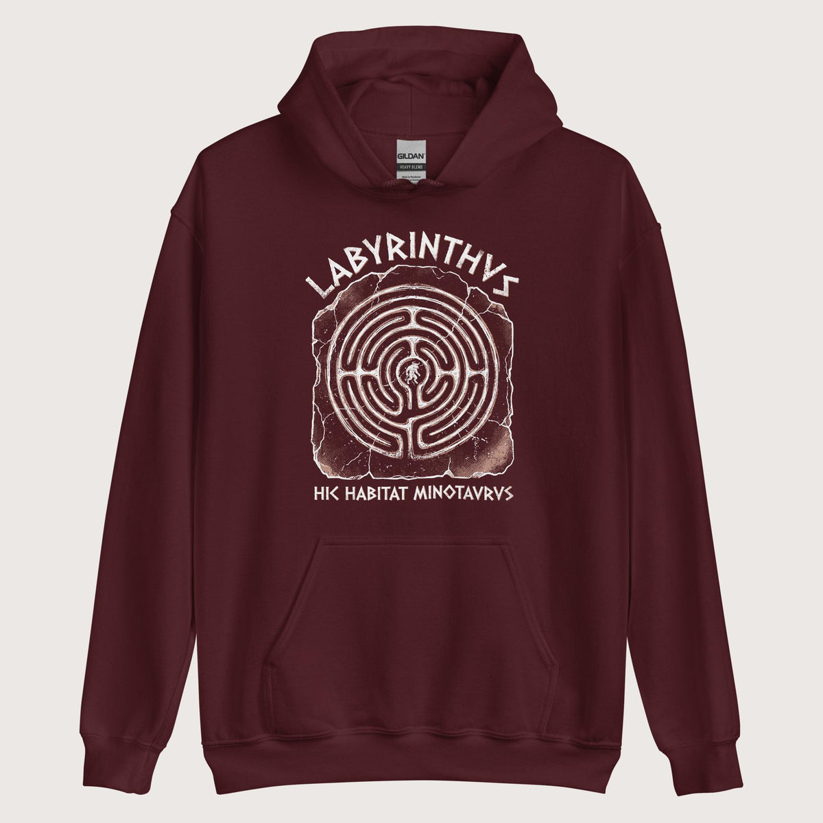 Maroon Labyrinthus Here Lives Minotaur Hoodie - history buff gift by HistoHead
