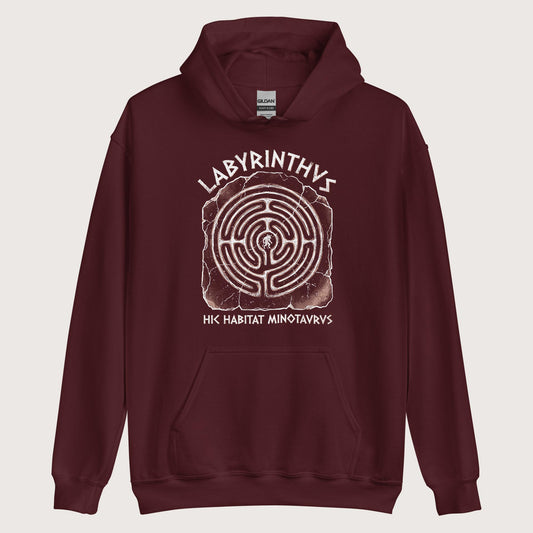 Maroon Labyrinthus Here Lives Minotaur Hoodie - history buff gift by HistoHead