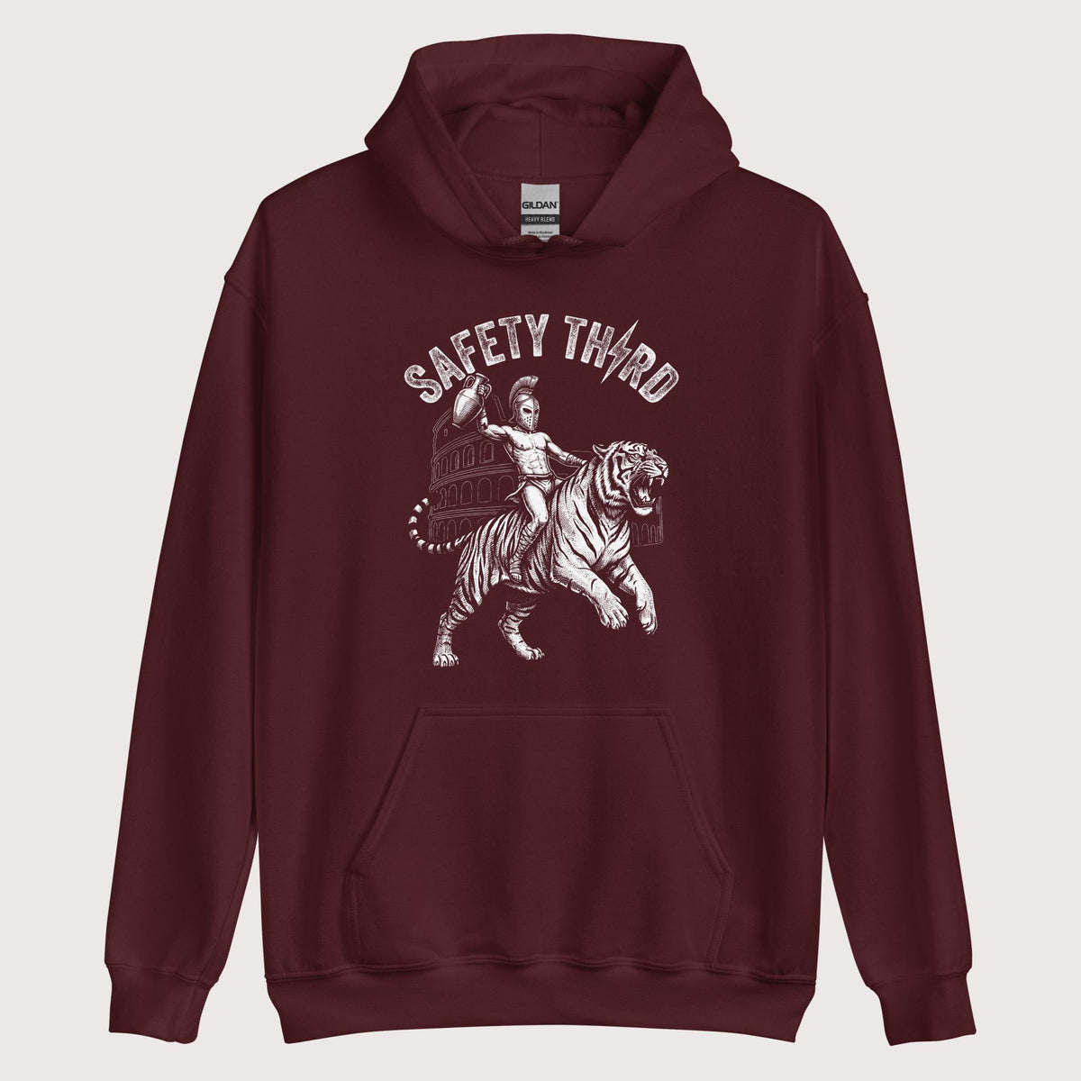 Maroon Gladiator Safety Third Hoodie - history buff gift by HistoHead