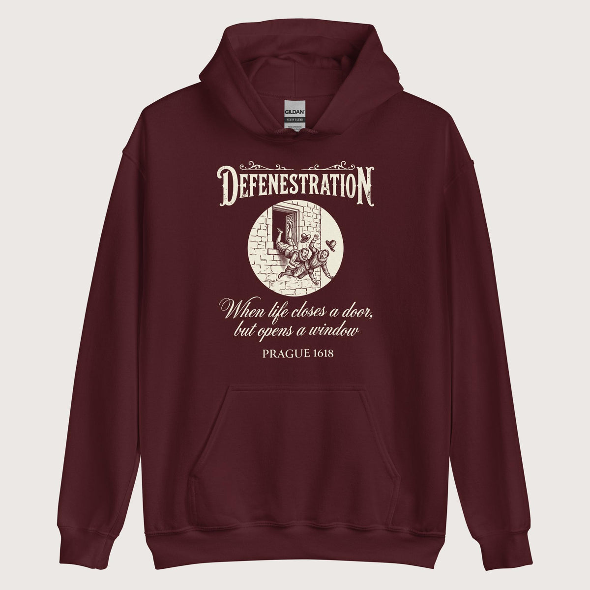 Maroon Defenestration When Life Closes A Door But Opens A Window Hoodie - history buff gift by HistoHead