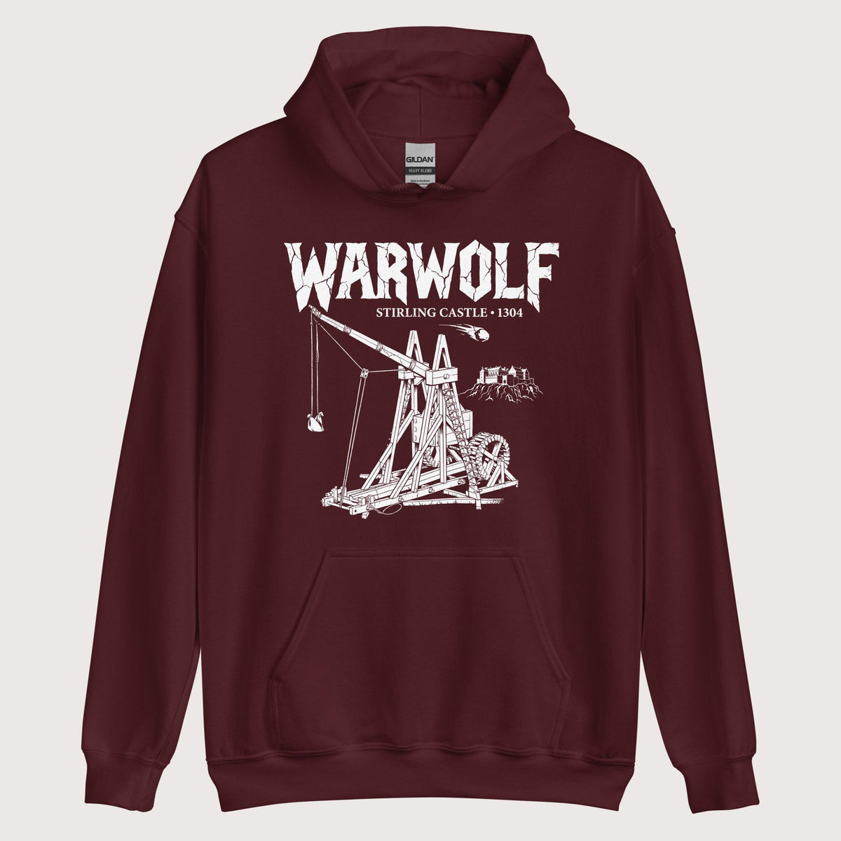 Maroon Warwolf Trebuchet Hoodie - history buff gift by HistoHead
