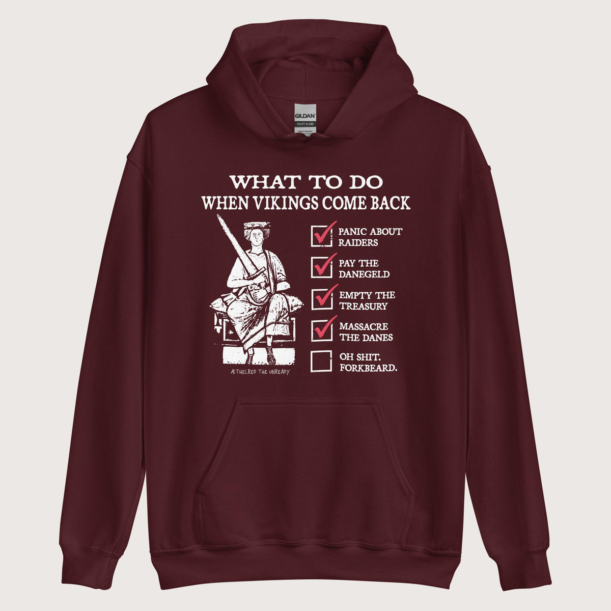 Maroon Æthelred the Unready Viking Raid Survival Guide Hoodie - history buff gift by HistoHead