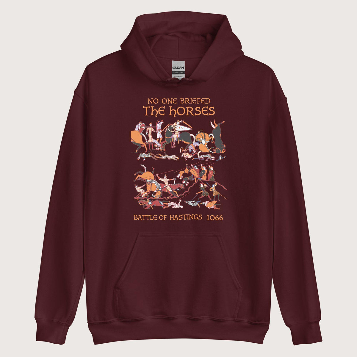 Maroon Bayeux Tapestry No One Briefed the Horses Hoodie - history buff gift by HistoHead