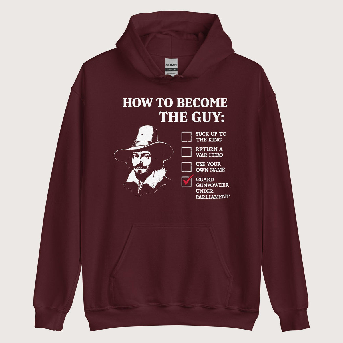 Maroon Guy Fawkes How to Become the Guy Hoodie - history buff gift by HistoHead