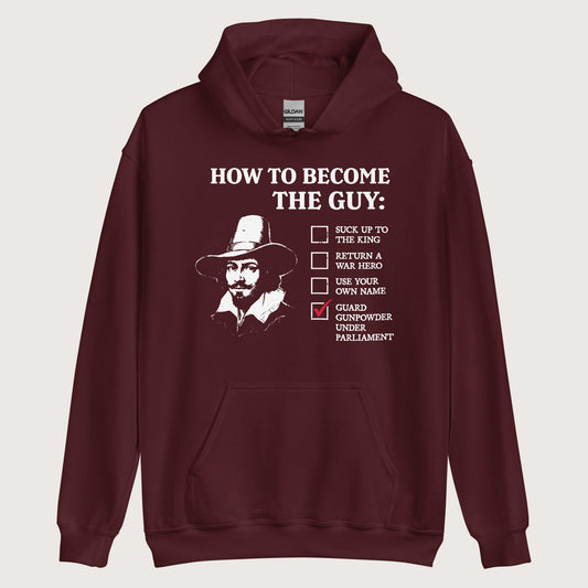 Maroon Guy Fawkes How to Become the Guy Hoodie - history buff gift by HistoHead
