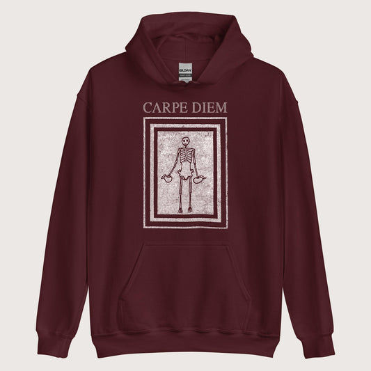 Maroon Carpe Diem Skeleton Hoodie - history buff gift by HistoHead