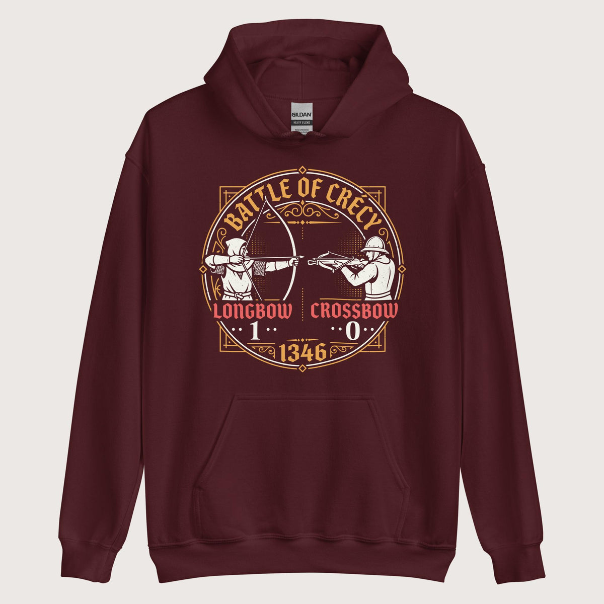 Maroon Battle of Crécy Longbow vs Crossbow Hoodie - history buff gift by HistoHead