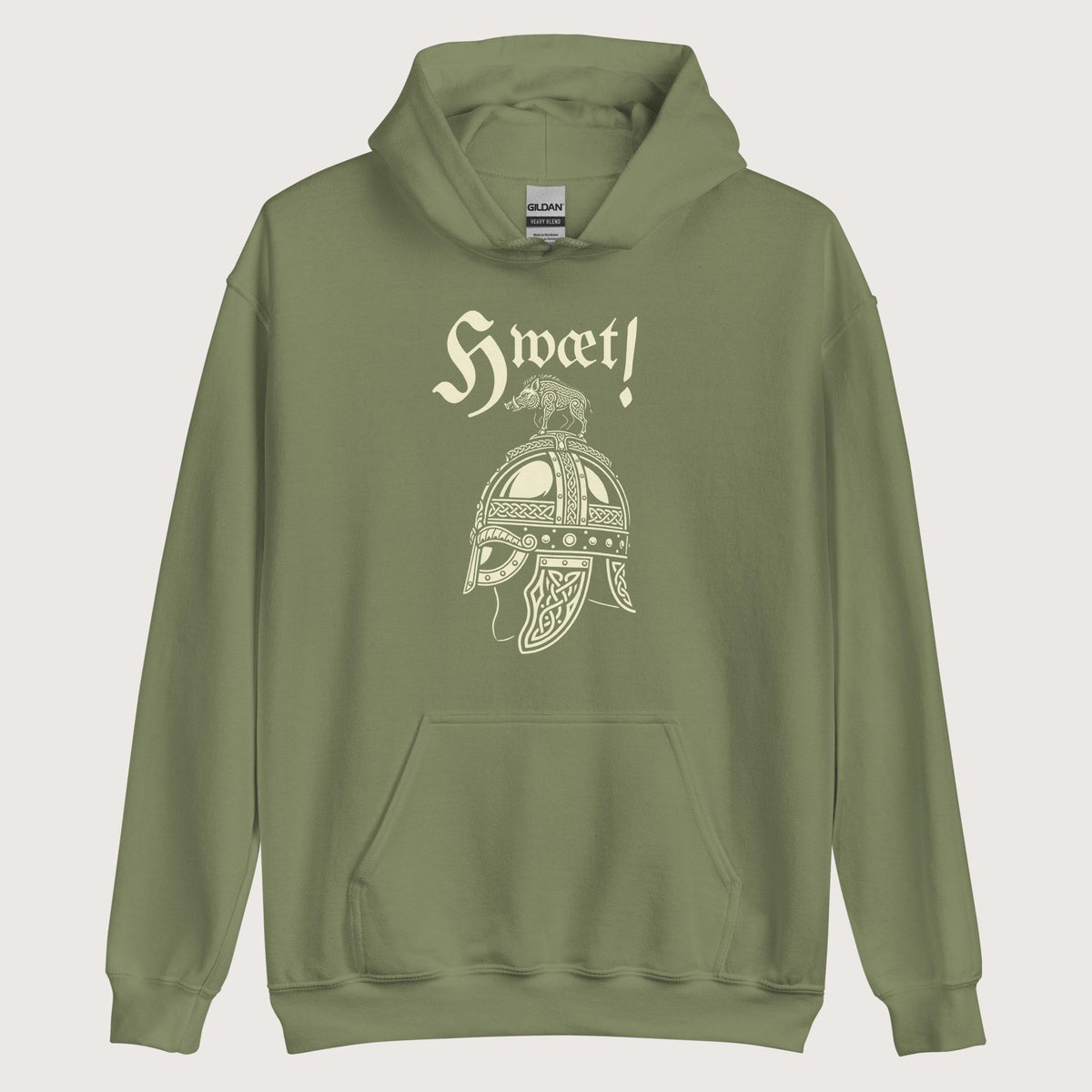 Military Green Hwæt Boar-Crested Helmet Hoodie - history buff gift by HistoHead