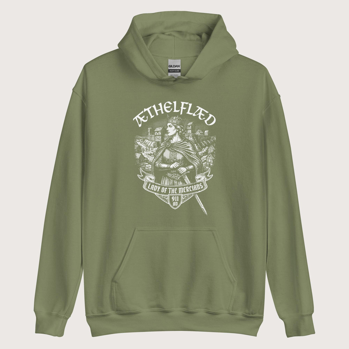 Military Green Æthelflæd Lady of the Mercians Hoodie - history buff gift by HistoHead