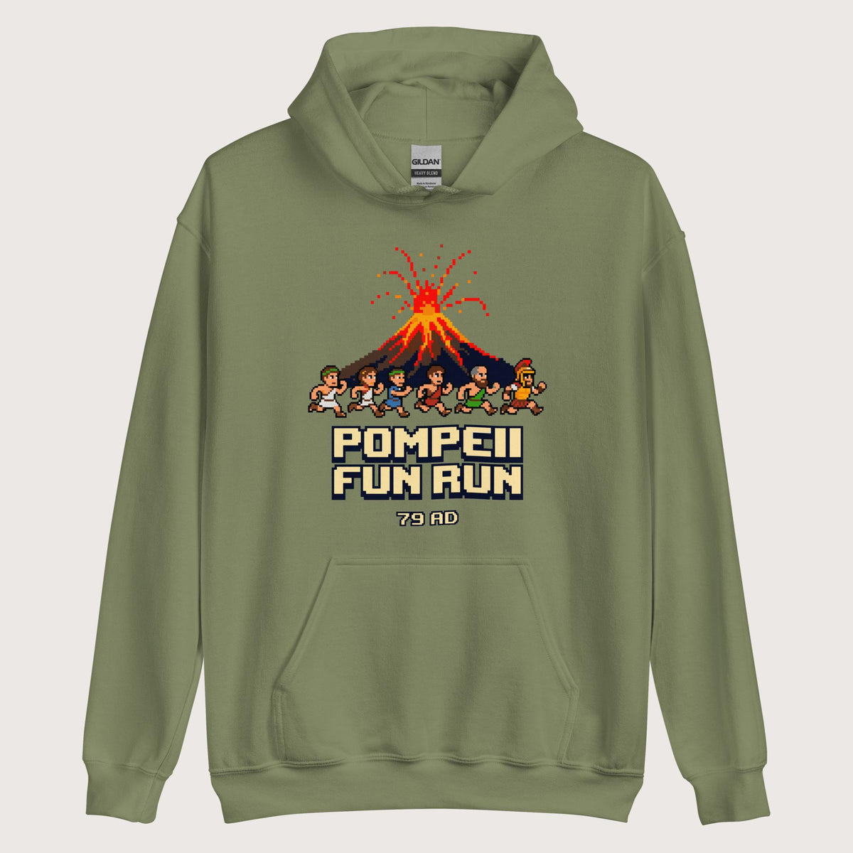 Military Green Pompeii Fun Run Pixel Art Hoodie - history buff gift by HistoHead