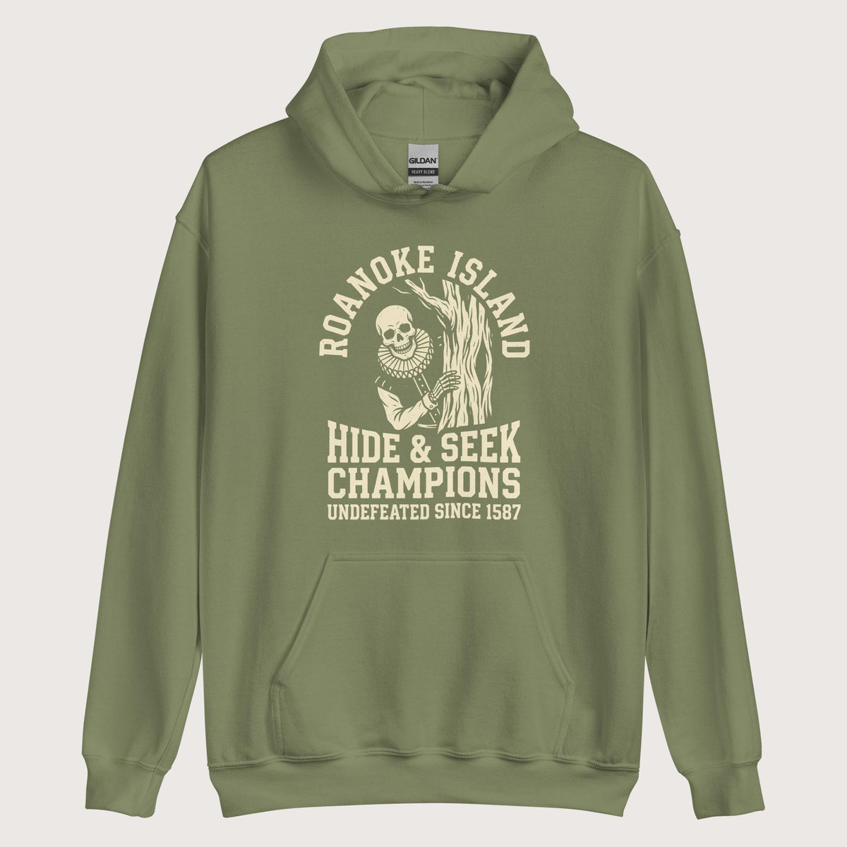Military Green Roanoke Island Hide & Seek Hoodie - history buff gift by HistoHead