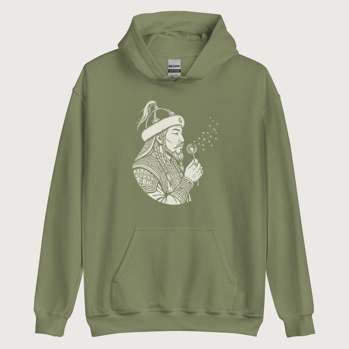 Military Green Genghis Khan Blowing Wishes Hoodie - history buff gift by HistoHead