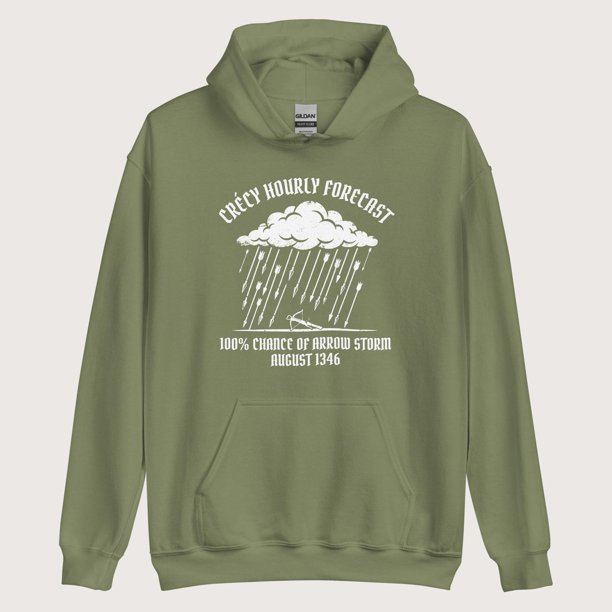 Military Green Crecy Arrow Storm Forecast Hoodie - history buff gift by HistoHead