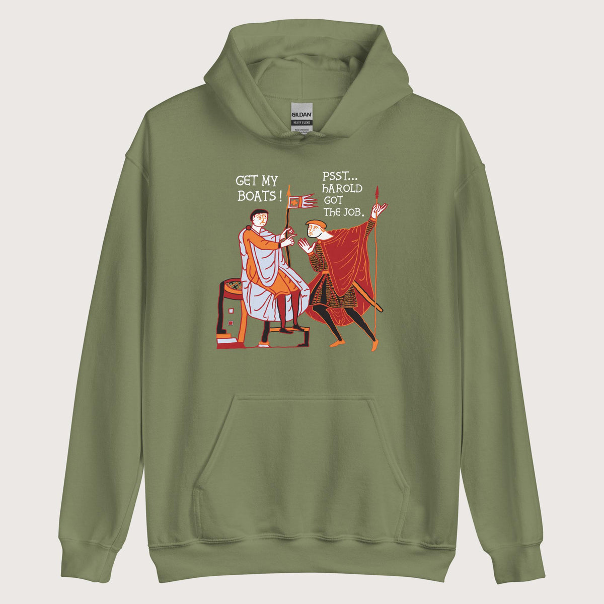 Military Green Bayeux Tapestry Harold Got the Job Hoodie - history buff gift by HistoHead