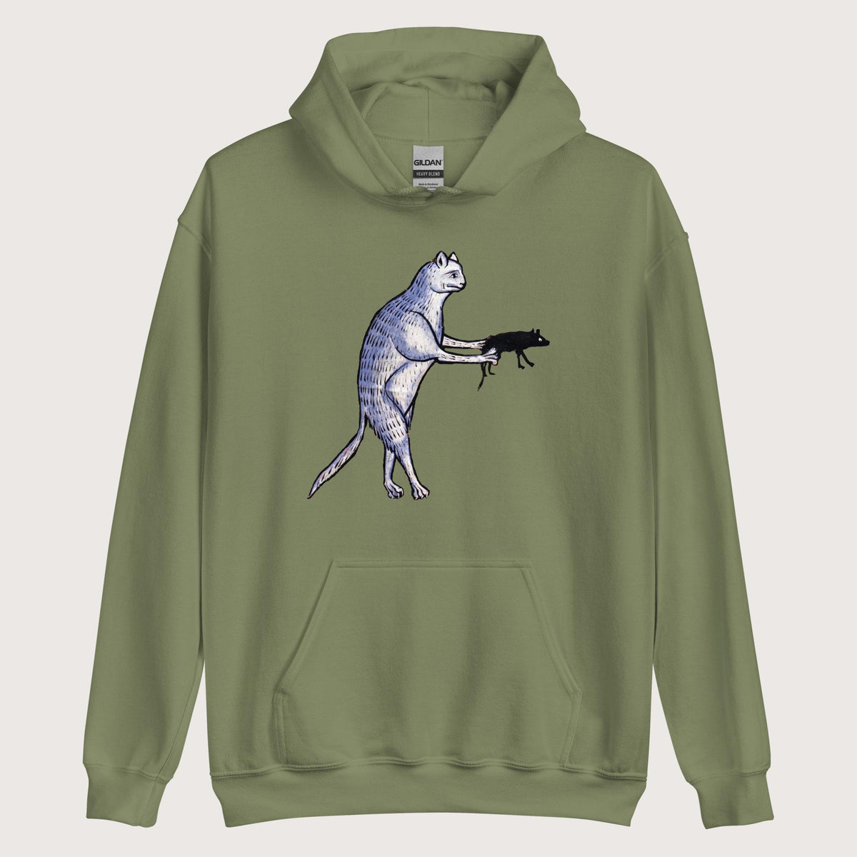Military Green Weird Medieval Cat's Mouse-Gun Hoodie - history buff gift by HistoHead